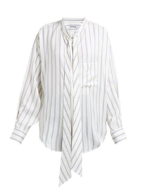 Matchesfashion.com Balenciaga - Logo Print Striped Silk Satin Blouse - Womens - Ivory Multi