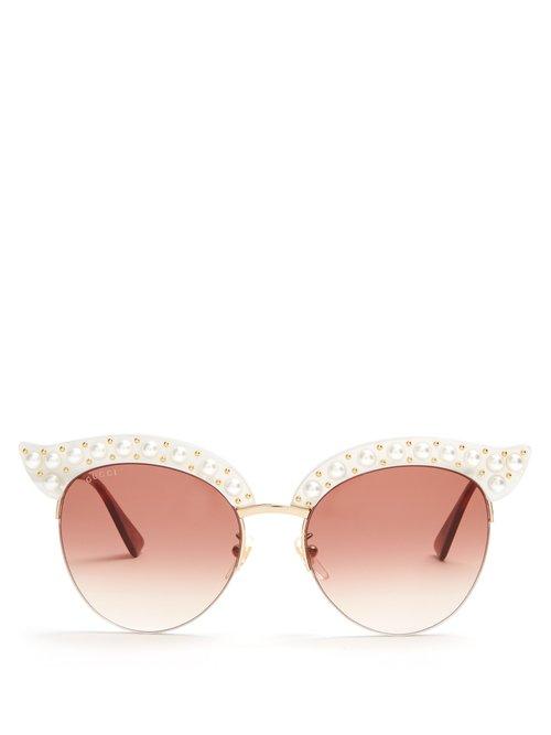 Matchesfashion.com Gucci - Cat Eye Faux Pearl Embellished Metal Sunglasses - Womens - White
