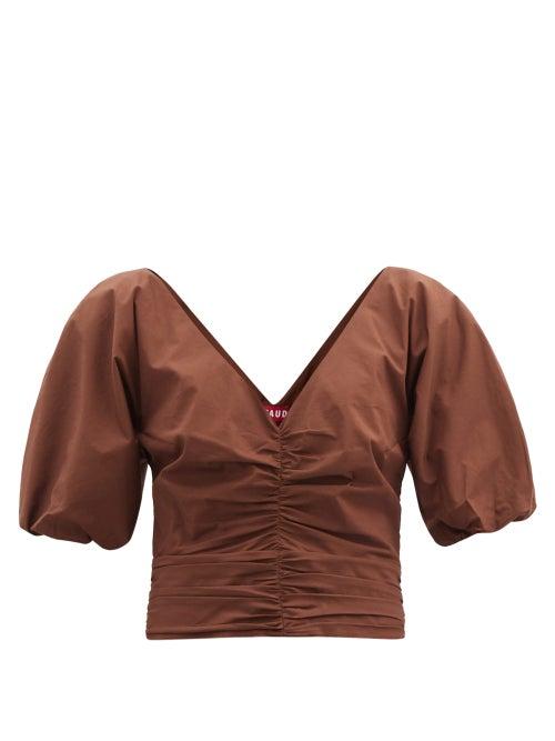 Matchesfashion.com Staud - Fiona V-neck Ruched Cotton-blend Poplin Top - Womens - Brown