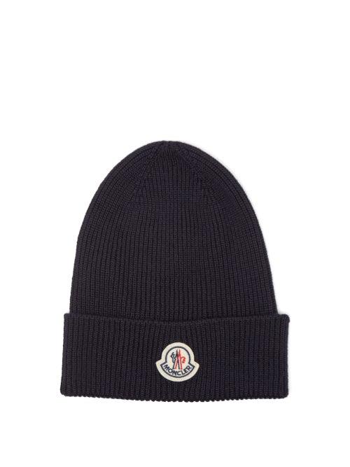 Moncler - Logo-patch Ribbed-knit Wool Beanie Hat - Mens - Navy
