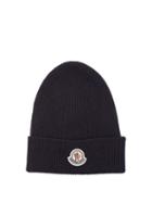 Moncler - Logo-patch Ribbed-knit Wool Beanie Hat - Mens - Navy