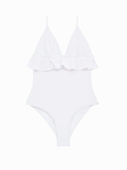 Matchesfashion.com Casa Raki - Marta Ruffled Pebbled-effect Swimsuit - Womens - White