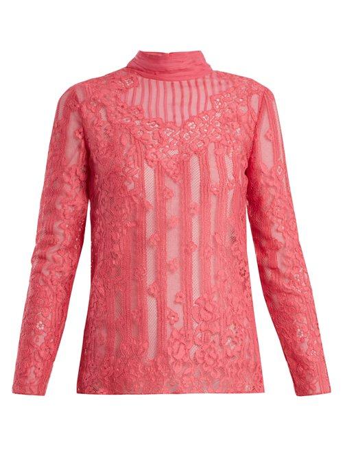Matchesfashion.com Valentino - High Neck Chantilly Lace Blouse - Womens - Pink