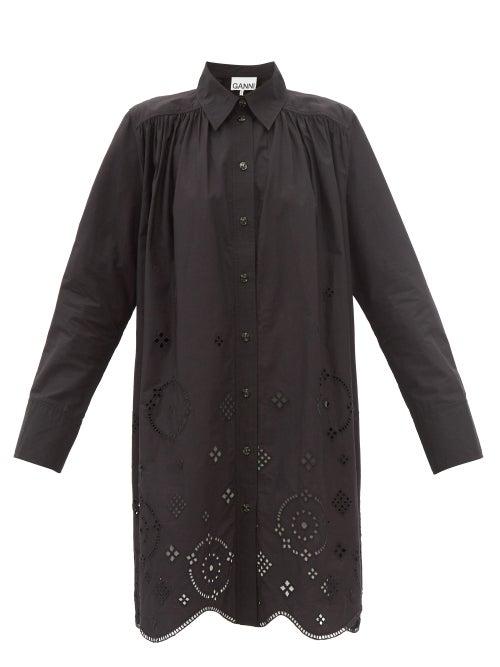 Ganni - Broderie-anglaise Poplin Shirt Dress - Womens - Black