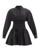 Matchesfashion.com Alexandre Vauthier - Elasticated-waist Cotton-poplin Mini Shirt Dress - Womens - Black