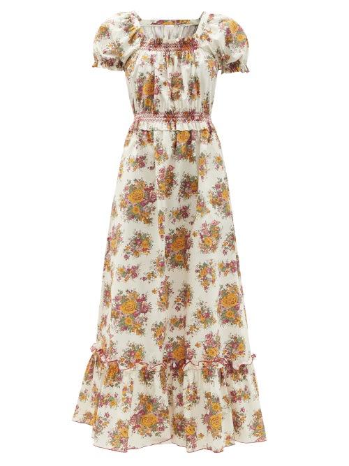Ladies Beachwear Loretta Caponi - Stefania Floral-print Smocked Cotton Dress - Womens - White Print