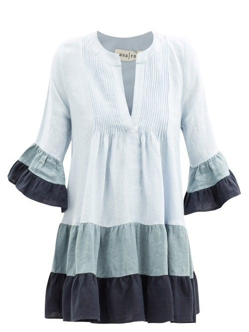 Matchesfashion.com Casa Raki - Delfina Tiered Organic Linen Mini Dress - Womens - Blue Stripe
