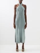 Galvan - Panarea Halterneck Pliss-velvet Dress - Womens - Silver Blue