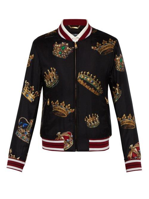 Matchesfashion.com Dolce & Gabbana - Crown Print Silk Bomber Jacket - Mens - Black Multi