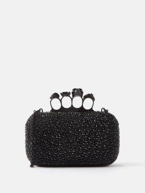 Alexander Mcqueen - Four Ring Crystal-embellished Leather Clutch - Womens - Black Silver