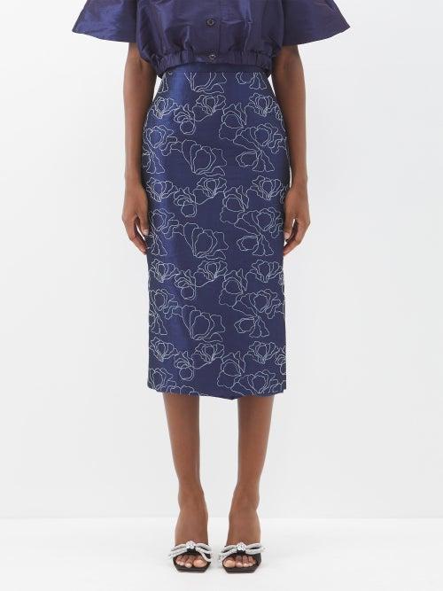 Kika Vargas - Amelia Floral-embroidered Silk-blend Taffeta Skirt - Womens - Navy