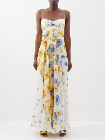 Raquel Diniz - Capri Floral-print Silk-chiffon Maxi Dress - Womens - Yellow Blue