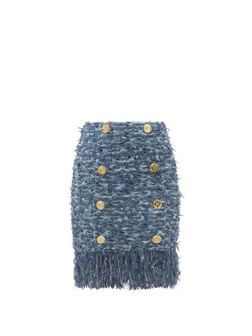 Matchesfashion.com Balmain - Frayed-hem High-rise Tweed Mini Skirt - Womens - Blue