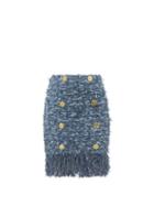 Matchesfashion.com Balmain - Frayed-hem High-rise Tweed Mini Skirt - Womens - Blue