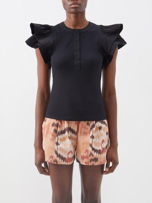 Ulla Johnson - Bonnie Ruffled-shoulder Ribbed-knit Cotton Top - Womens - Black