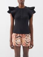 Ulla Johnson - Bonnie Ruffled-shoulder Ribbed-knit Cotton Top - Womens - Black