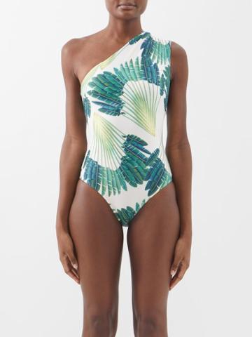 Raquel Diniz - One-shoulder Palm-print Swimsuit - Womens - Green White