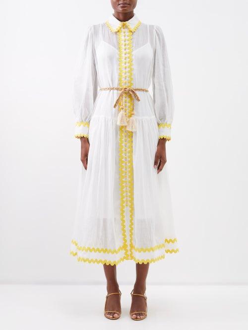Zimmermann - Cira Rickrack-trim Ramie Midi Dress - Womens - White Yellow