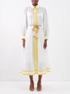 Zimmermann - Cira Rickrack-trim Ramie Midi Dress - Womens - White Yellow