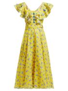 Matchesfashion.com Gl Hrgel - Floral Print Linen Midi Dress - Womens - Yellow Print