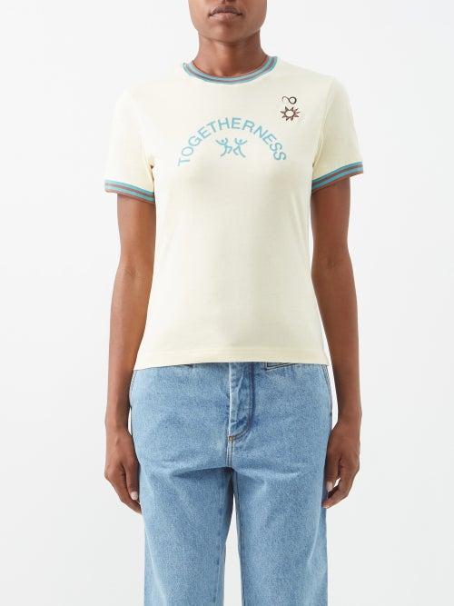 Wales Bonner - Togetherness-print Organic-cotton T-shirt - Womens - Pale Yellow