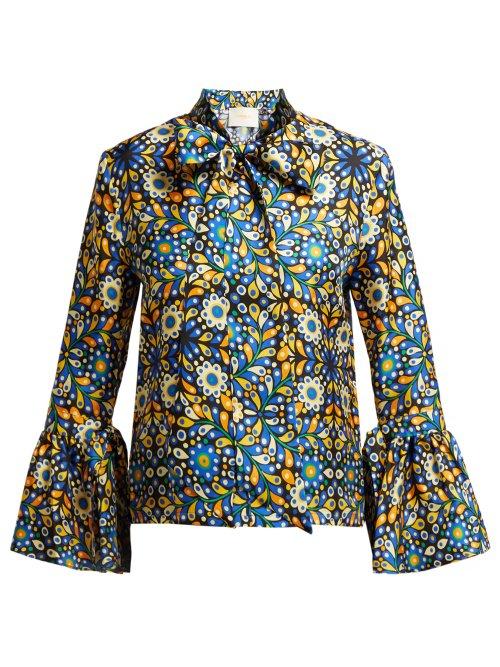 Matchesfashion.com La Doublej - Happy Wrist Confetti Blu Print Silk Blouse - Womens - Blue Print