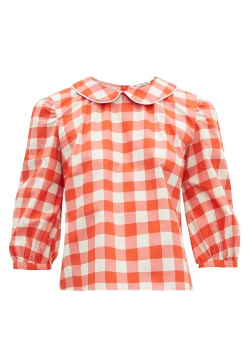 Matchesfashion.com Batsheva - Peter Pan Collar Gingham Cotton Blouse - Womens - Red