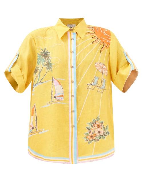 Ale Mais - Sunset Shades Beach-print Linen-voile Shirt - Womens - Sand