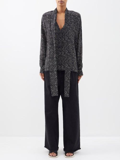 Raey - Window Rain-print Pussybow Silk Top - Womens - Black Print