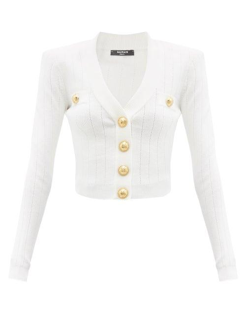 Balmain - Crest-button Eyelet-ribbed Cardigan - Womens - White