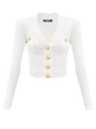 Balmain - Crest-button Eyelet-ribbed Cardigan - Womens - White