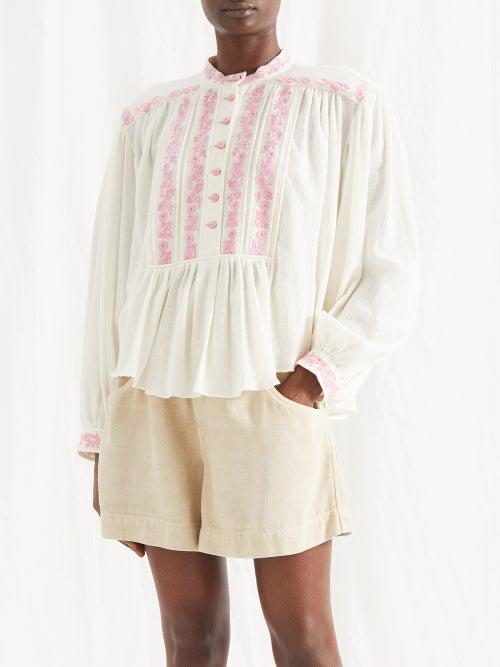 Isabel Marant Toile - Giovana Floral-embroidered Gathered Blouse - Womens - White Pink