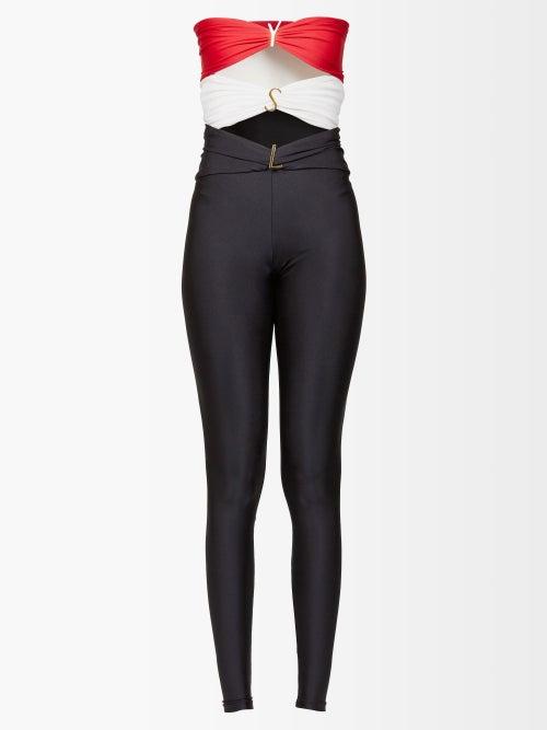 Saint Laurent - Ysl-plaque Bandeau Cutout Jersey Jumpsuit - Womens - Black Red