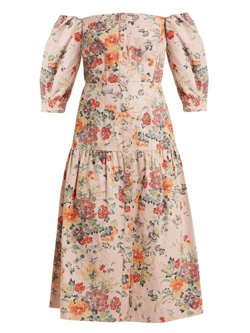 Matchesfashion.com Rebecca Taylor - Off The Shoulder Floral Print Cotton Blend Dress - Womens - Pink Print