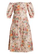 Matchesfashion.com Rebecca Taylor - Off The Shoulder Floral Print Cotton Blend Dress - Womens - Pink Print