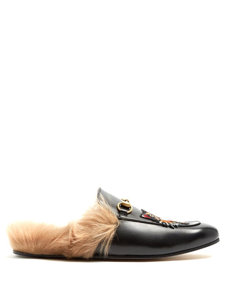 Gucci Princetown Embroidered Fur-lined Leather Loafers