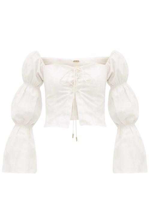 Matchesfashion.com Cult Gaia - Claire Gathered Sleeve Cotton Blend Top - Womens - White