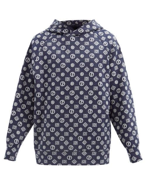 Matchesfashion.com Giorgio Armani - Logo-jacquard Cotton-blend Hooded Sweatshirt - Mens - Blue Multi