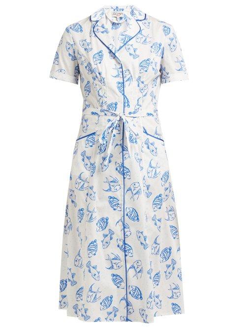 Matchesfashion.com Hvn - Maria Fish Print Cotton Blend Midi Dress - Womens - White Multi