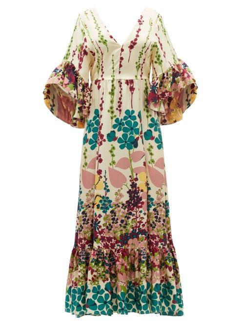 Ladies Beachwear La Doublej - Bella Cascata-print Silk Crepe De Chine Maxi Dress - Womens - Yellow Print
