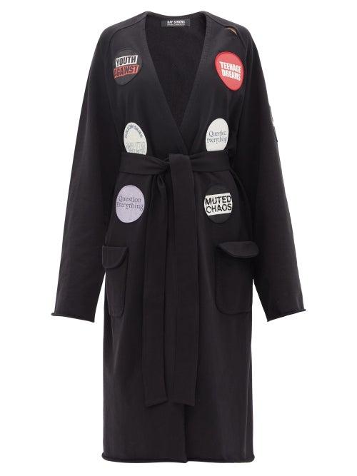 Ladies Rtw Raf Simons - Badge-appliqu Distressed Cotton-jersey Wrap Coat - Womens - Black