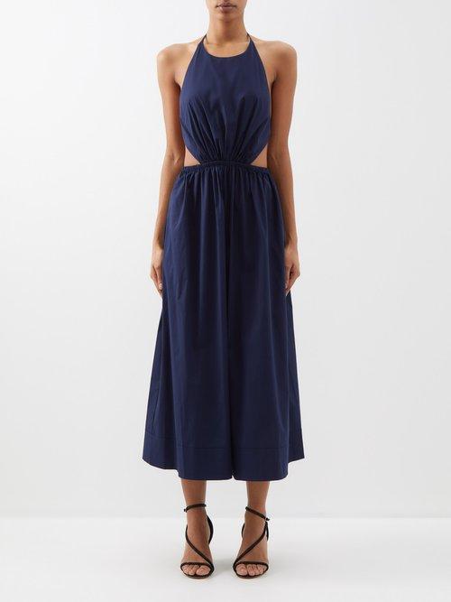 Staud - Vanessa Halterneck Cotton-blend Poplin Dress - Womens - Navy