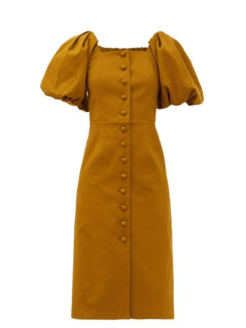 Matchesfashion.com Sea - Marianne Puff-sleeve Buttoned Cotton Dress - Womens - Green
