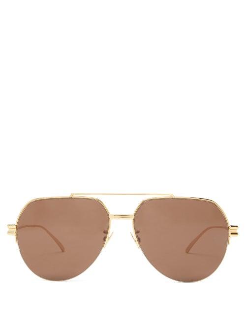 Matchesfashion.com Bottega Veneta - Aviator Metal Sunglasses - Womens - Brown Gold