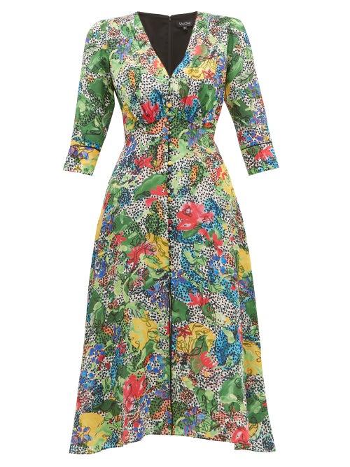 Matchesfashion.com Saloni - Eve Abstract Floral Print Silk Dress - Womens - Green Multi