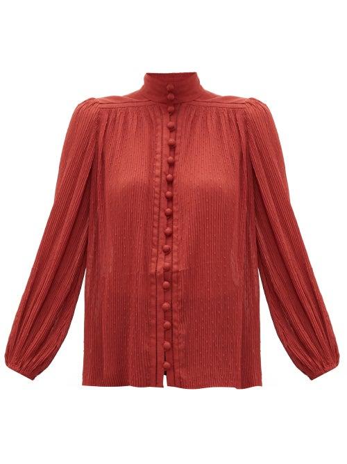 Matchesfashion.com Zimmermann - Espionage Swiss Dot Pliss Chiffon Blouse - Womens - Red