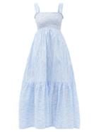 Matchesfashion.com Heidi Klein - Cape Verde Smocked Feather-print Cotton Maxi Dress - Womens - Blue Print