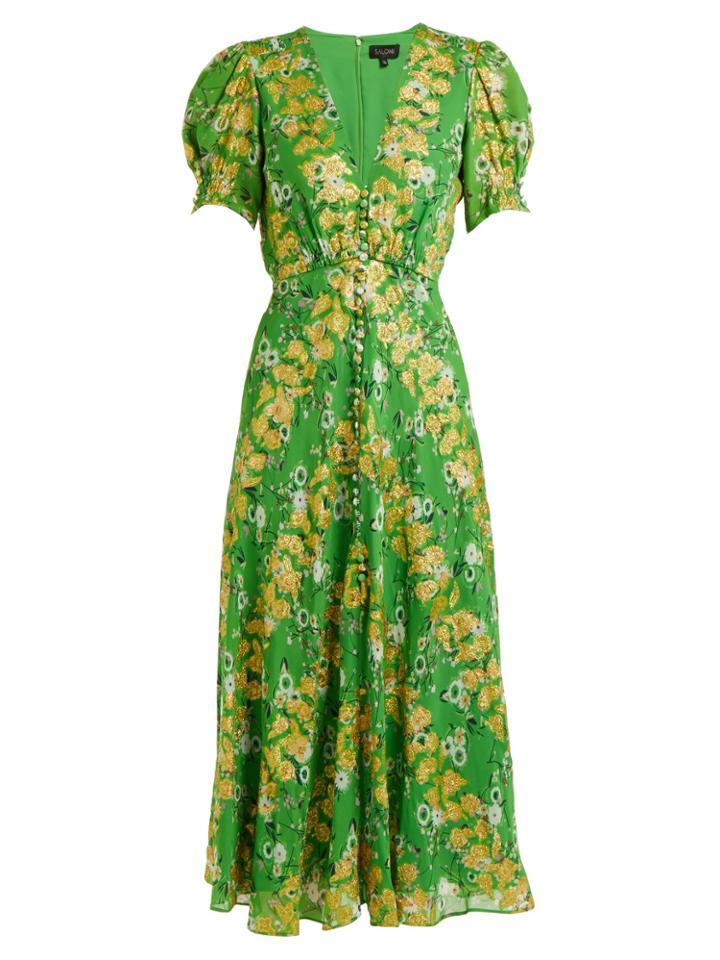 Saloni Lea Floral-jacquard Puff-sleeved Silk-blend Dress