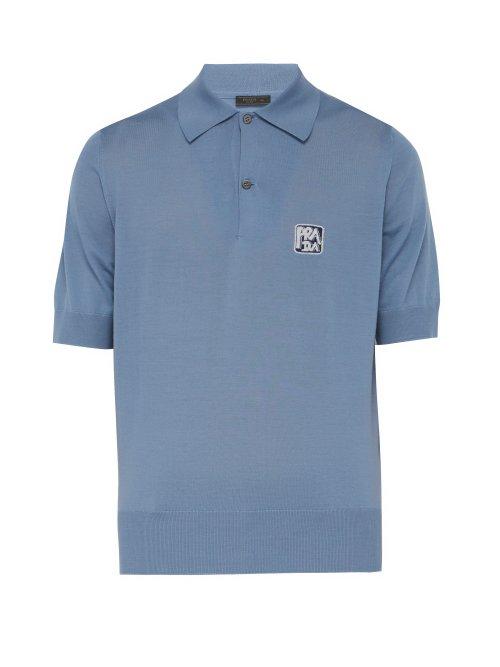 Matchesfashion.com Prada - Intarsia Logo Virgin Wool Jersey Polo Shirt - Mens - Light Blue