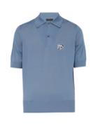 Matchesfashion.com Prada - Intarsia Logo Virgin Wool Jersey Polo Shirt - Mens - Light Blue